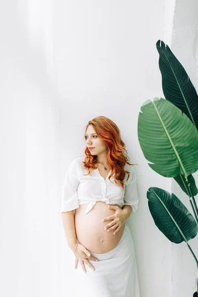 Esperando Bebé Feliz Con Vestido Tocador Chica Embarazada Estudio Tropical — Foto de Stock