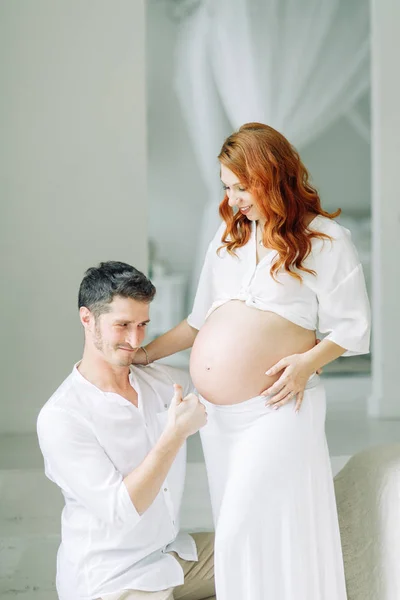 Pregnant Woman Arms White Clothes Happy Couple Expecting Baby — Stock Photo, Image