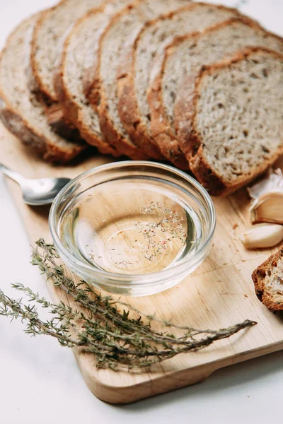 Baking Wooden Background Fresh Sliced White Bread Oil Olives Spices — Stock Photo, Image