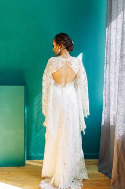 Bir kızda düğün eğilimi imajı. Avrupa tarzında güzel bir tören. Gelinin portresi güzel sanatlar tarzında. 