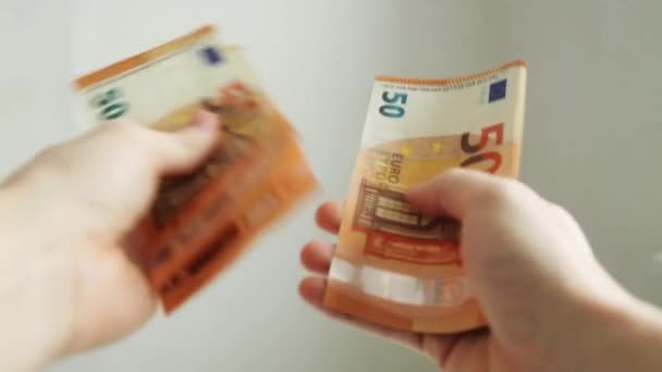 Conta Euro Papel Notas Euro Exponha Dinheiro Fundo Branco Mãos — Vídeo de Stock