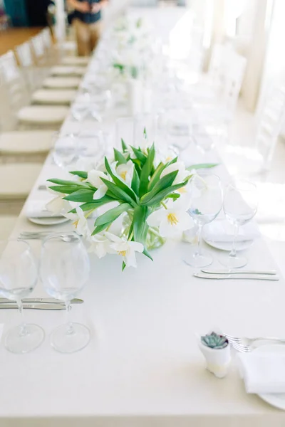 Light decor in the style of fine art. Glasses and tulips in the composition. Wedding table decor with white Studio.