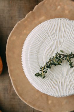 Taze ev yapımı peynir, şarap ve ekmek. Peynirle dolu bir hayat. Tabaktaki peynirden bir halka. 