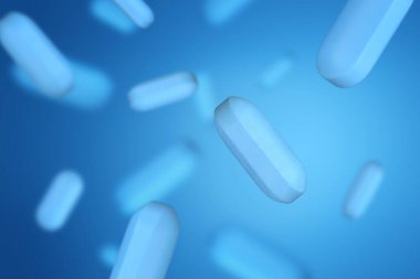 Bulanık arka planda hapların 3 boyutlu çizimi. Bakterilere karşı haplar. Virüsten düşen haplar.. 