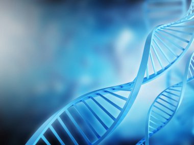 Tıbbi amaçlar için tarafsız bir altyapı. Mavi arka planda bir DNA molekülünün 3 boyutlu modeli olan pankart. 