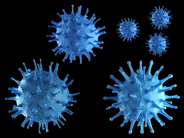 Set of blue virus without background. Polygon model on a black background. 3D model of a coronavirus molecule.