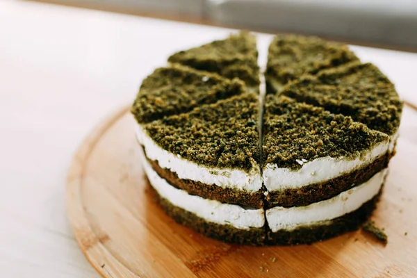 Torta Espinaca Verde Natural Vegana Pastel Capa Con Espinacas Crema — Foto de Stock