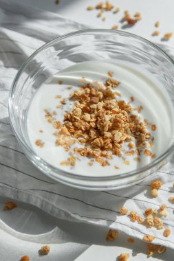 Sütlü bir kasede yulaf lapası. Kahvaltıda yoğurt ve cevizli granola.. 