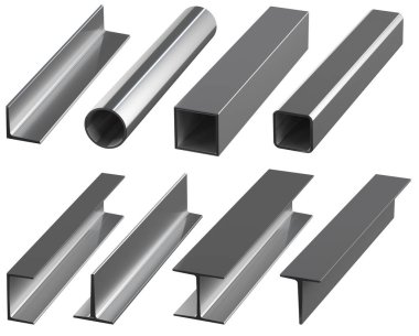  Çelik borular, kanallar ve köşeler, üç boyutlu illüstrasyon. Beyaz arkaplanda bir dizi metal profil.