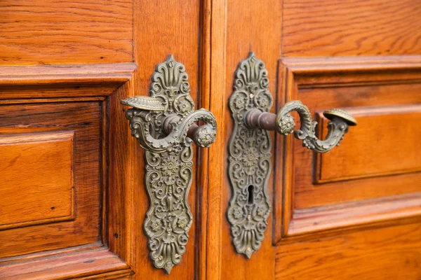 Forged metal handles on a wooden door — Stock Photo, Image