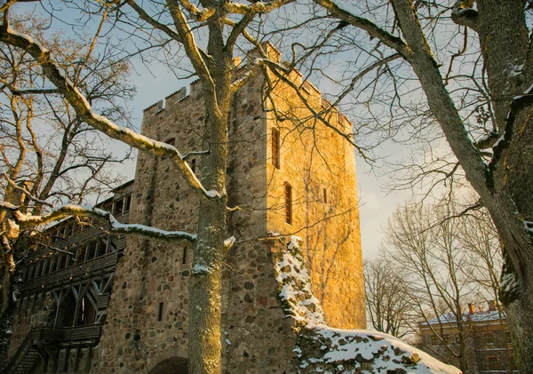 Torre medievale del castello illuminata dal sole — Foto Stock