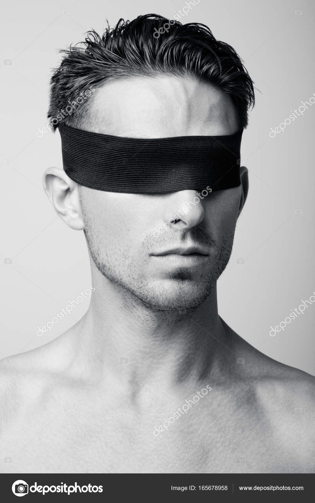 Blindfolded Man Portrait Stock Photo, Royalty-Free