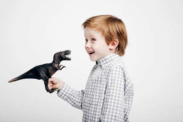 Milý chlapeček s hračka dinosaurus — Stock fotografie