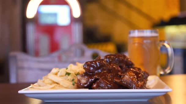 Beef Ribs French Fries White Plate — Stock Video