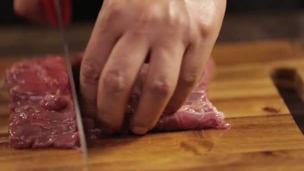 Pedaço Carne Sendo Cortado Faca Wth — Vídeo de Stock