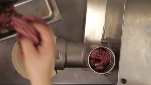 Picado Carne Poner Carne Res Máquina Ángulo Superior — Vídeo de stock
