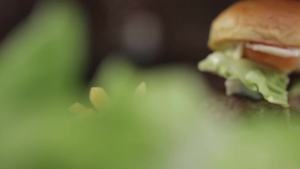 Beef Cheese Burger Display Skivad Närbild Slider Vänster Till Höger — Stockvideo