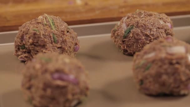 Mezcla Empanada Carne Bolas Carne Una Bandeja Focus Pull — Vídeo de stock