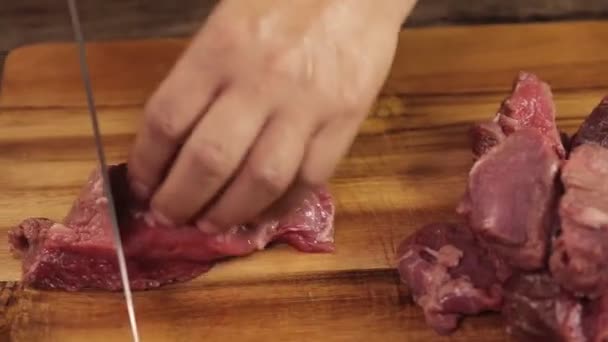 Raw Beef Piece Being Cut Wth Knife Small Pieces Front — Stok Video
