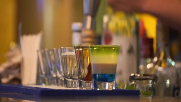 Bartender Pouring Lemon Juice Jug Shot Glass Close — Stock Video