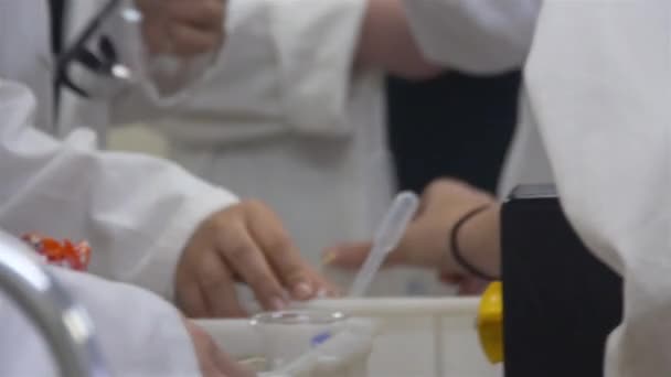 Παιδιά Στην Τάξη Χημείας Μαζεύοντας Όργανα Μέτρησης — Αρχείο Βίντεο