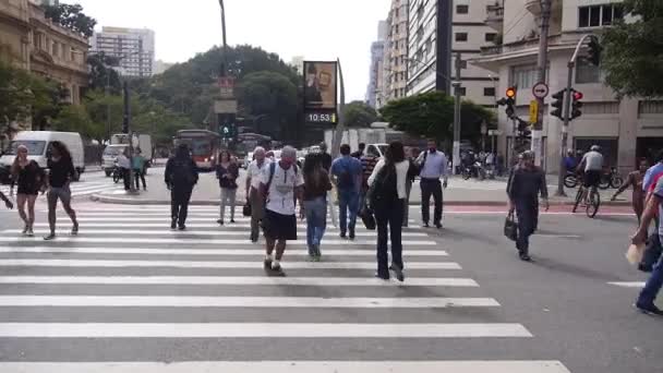 Sao Paulo People Crossing Zeb Line City — Stock Video