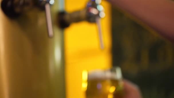 Een Meisje Vullen Bier Met Schuim Uit Een Vat Close — Stockvideo