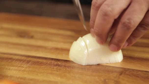 Oignons Blancs Couper Oignon Blanc Petits Morceaux Sur Une Planche — Video