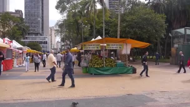 Sao Paulo City Malý Venkovní Den Trhu Lidmi Chůze Pan — Stock video