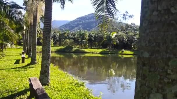 Holzbänke Neben Einem Schönen See Einem Resort Pan Wegziehen — Stockvideo