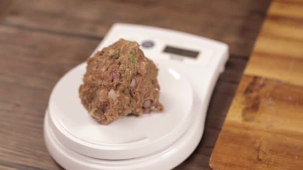 肉饼杂烩 用手做肉丸并称其重量 — 图库视频影像