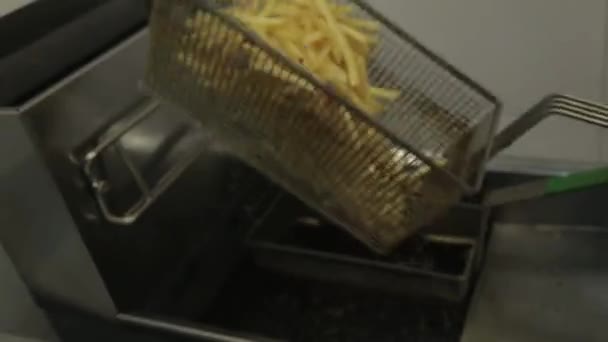 French Fries Shaking Oil Από Τηγανητές Πατάτες Φριτέζα — Αρχείο Βίντεο