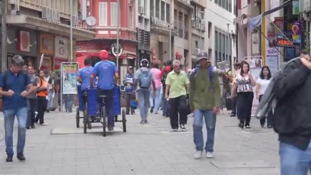 Two People Blue Cycling Trolley Town — Stock Video