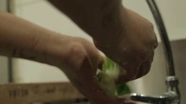 Lechuga Lavado Hojas Lechuga Con Agua Ángulo Lateral — Vídeo de stock