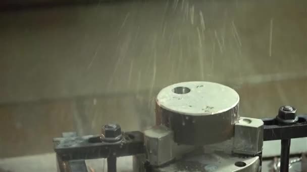 Machine Making Hole Small Metal Wheel White Liquid Close — Stock Video