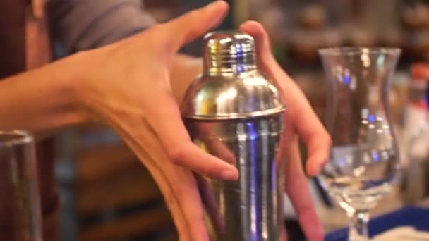 Bartender Picking Silver Shaker Shaking — Stock Video