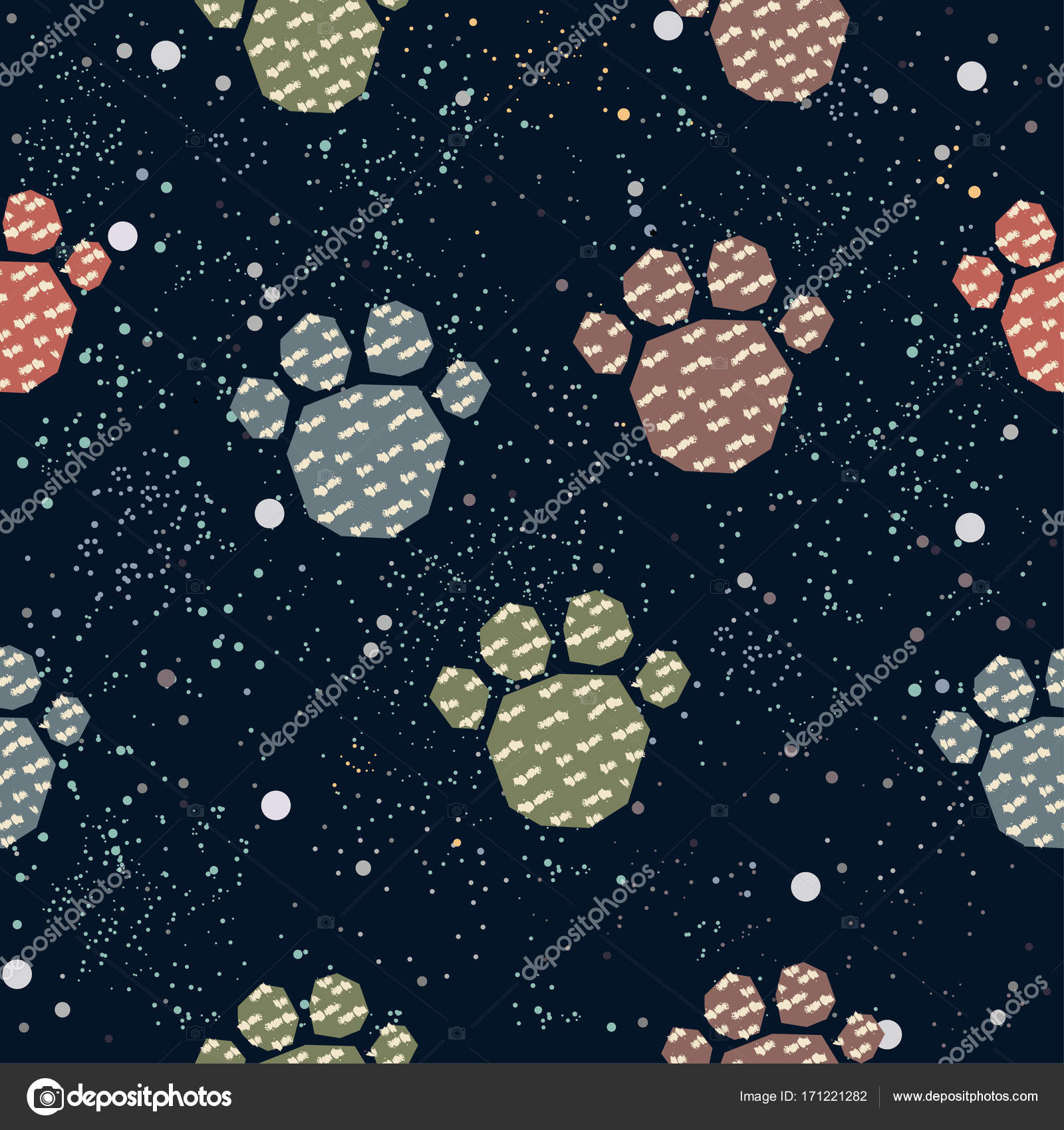 Reticolo sveglio con colorati cane zampe su fondo beige con piccoli punti Disegno disegnato a mano Grande per il disegno di arte parete carta da regalo