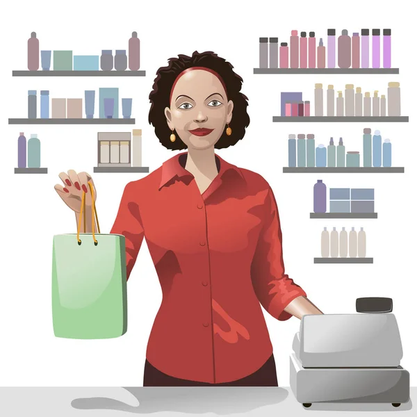 Bir alışveriş çantası ve teklifler ürünler vitrin arka plan üzerinde tutarak gülümseyen kız satış memuru.