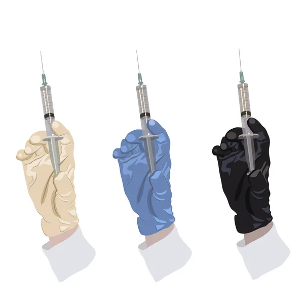 İlaç şırınga tutarak eldiven el çizimi.