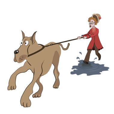 Yaşlı kadın ile büyük köpek su birikintisi üzerinde yürümeye kalkışmasını çizimi.