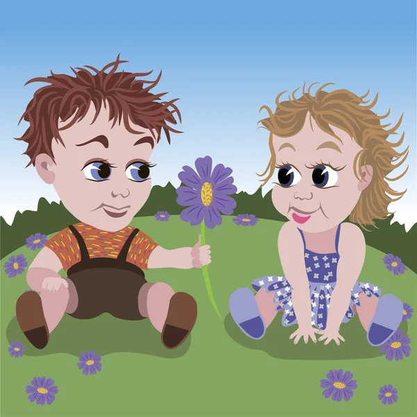 Küçük oğlan küçük kız çayır üzerinde Menekşe çiçek veren çizimi.