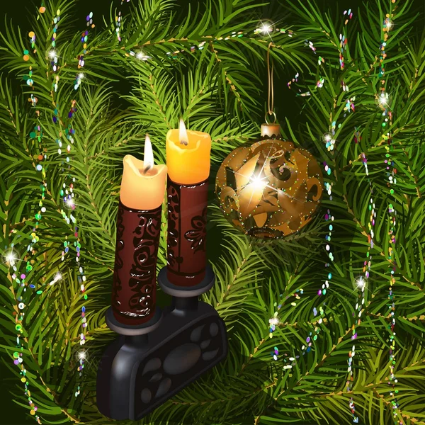Yanan mumlar ve Noel top çam dalları, gelin teli ile dekore edilmiş arka plan üzerinde örnek.