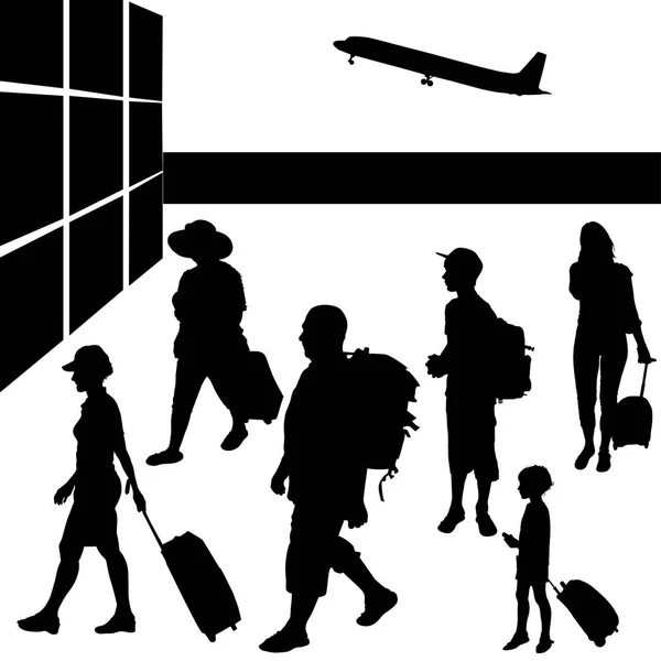 Uçakla seyahat edecek Bagaj ile insan siluetleri.