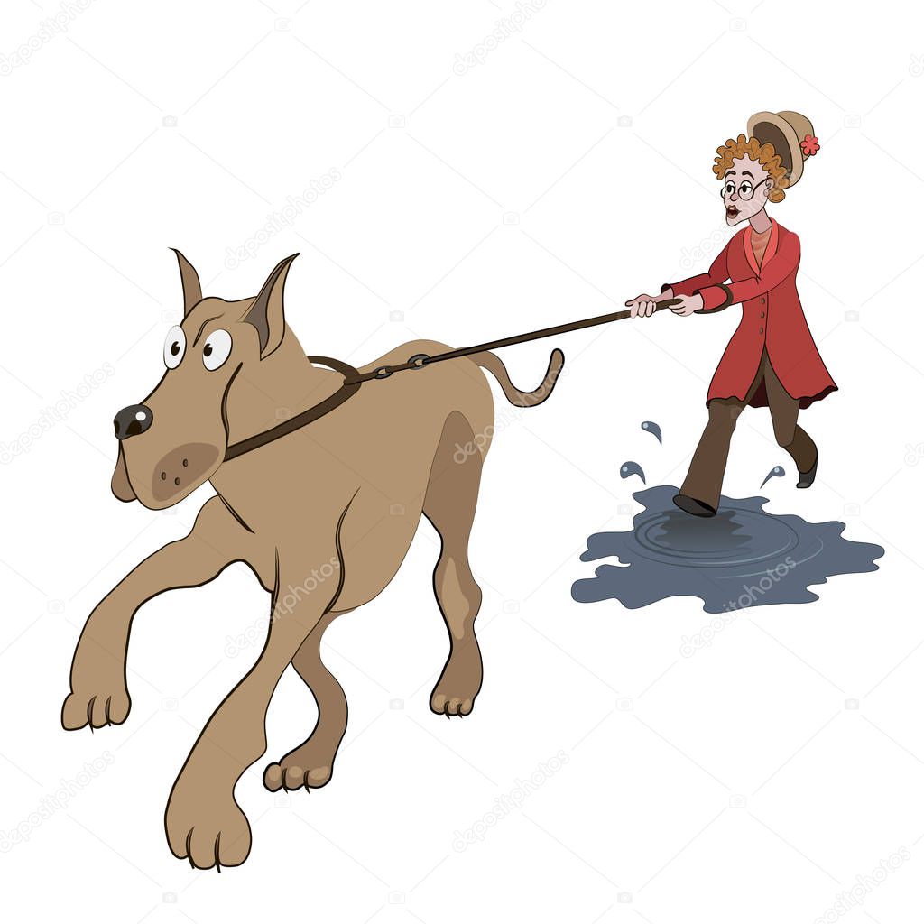 Illustration of old lady trying to walk with big dog on the puddle.