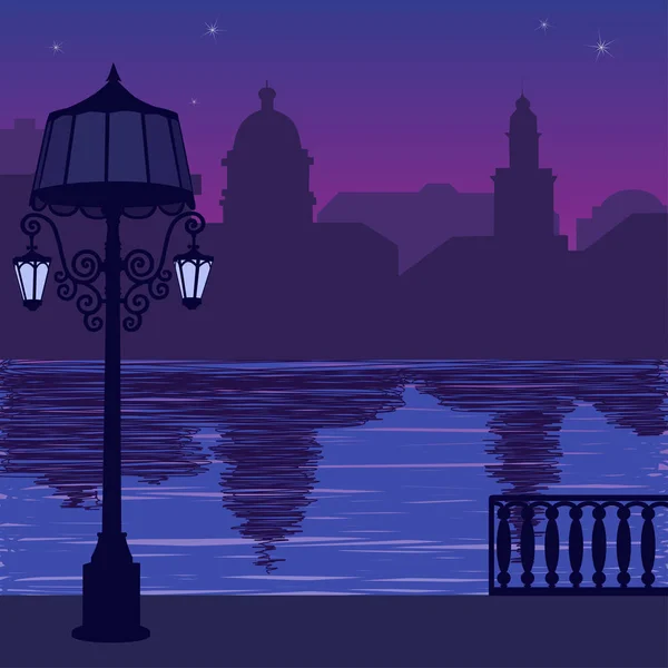 Şehir manzarası illüstrasyon gece: iskele ve lamppos silueti