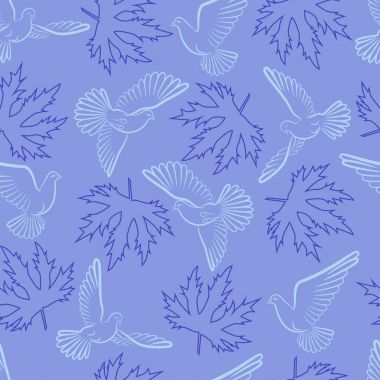 Güvercinler ve yapraklarda mavi bir arka plan ile Seamless Modeli.