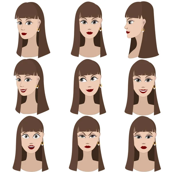 Набір Варіацій Емоцій Однієї Дівчини Коричневим Волоссям Вона Пам Ятає — стоковий вектор