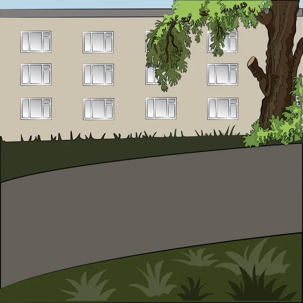 Gündüz kent manzarasının resmi: ağaç, ev, kaldırım ve çimen. 