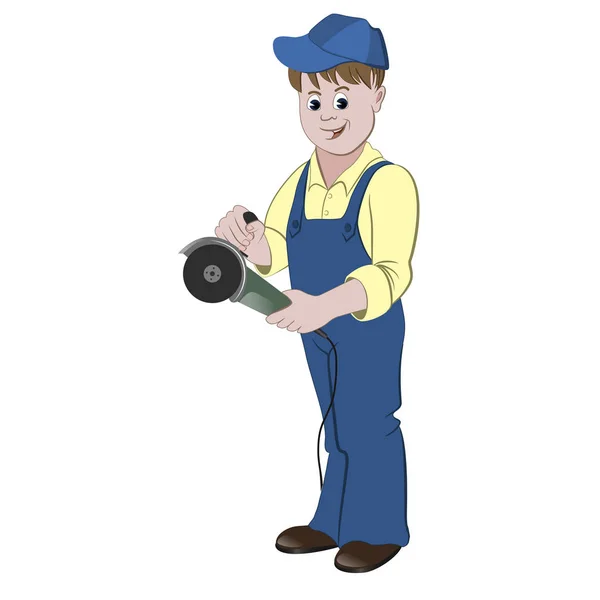 Repairman Handyman Standing Angle Grinder Saw — Stock Vector