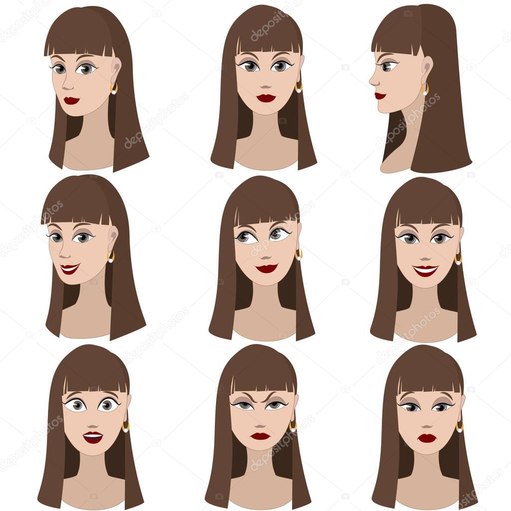 Set of variation of emotions of the same girl with brown hair. She is remembering, thinking, sad, dreaming, angry, surprised, outraged, smiling. She have long straight hair and gray eyes.